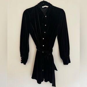 Black Velvet Mini Dress with Tie Waist and Long Sleeves